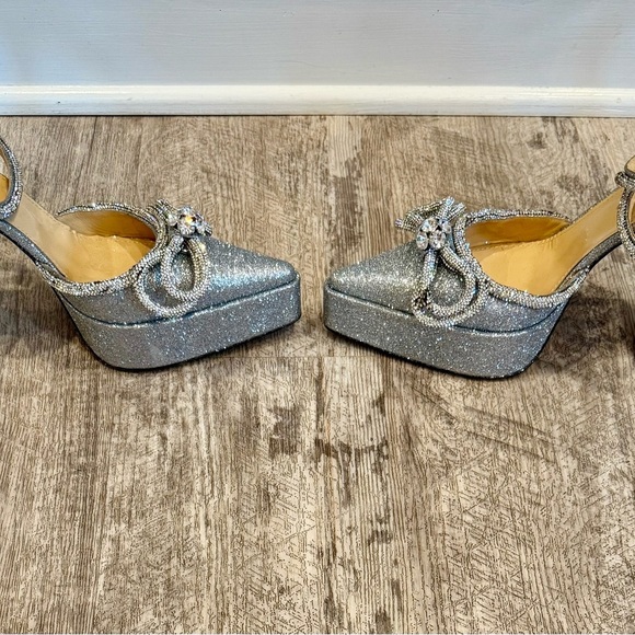 Mach & Mach Double Bow Platform Silver Glitter Women's Heels - Picture 9 of 15